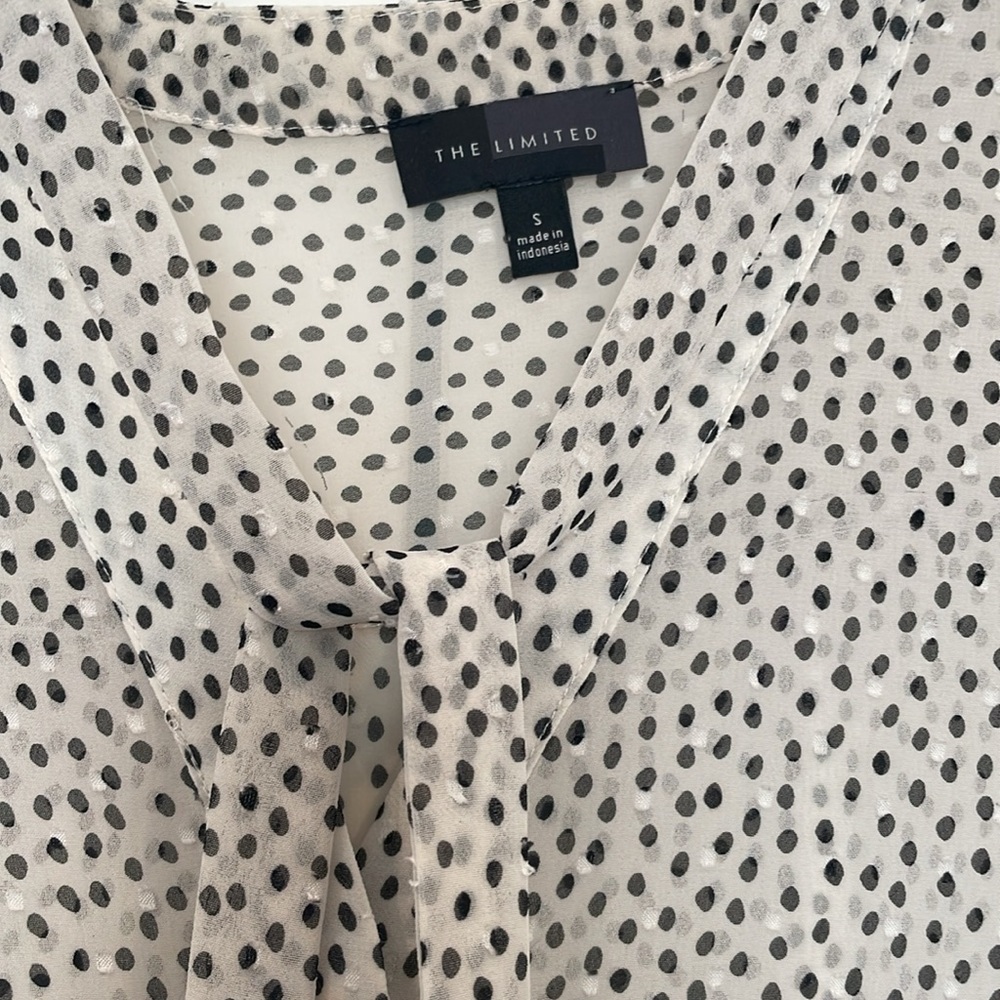 The Limited sheer black and white polka dot blouse with bow front - size Small